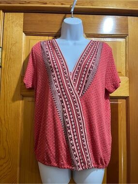 Lucky Brand Coral Patterned V-Neck Short Sleeve Tunic